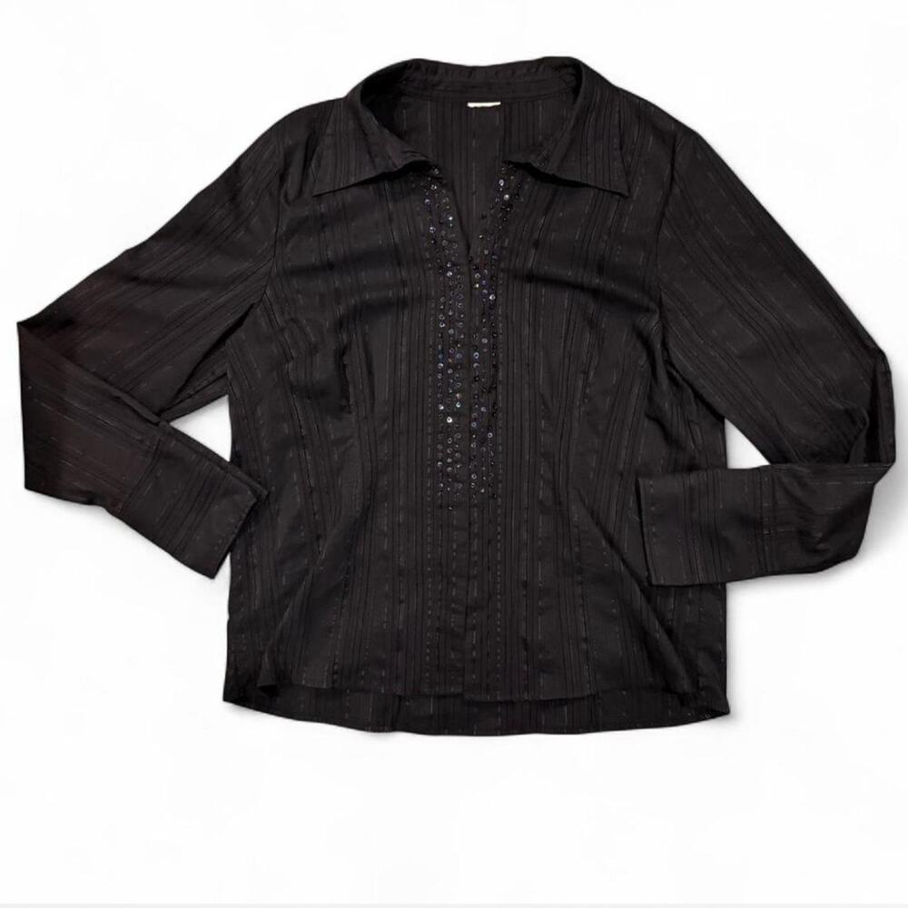 Grunge whimsigoth black pinstripe beaded collared top womens size Large
